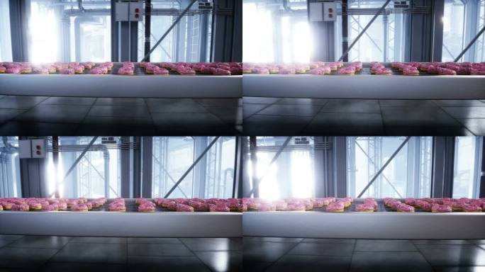 甜甜圈生产线。工厂。食品的概念。逼真的4k动画。