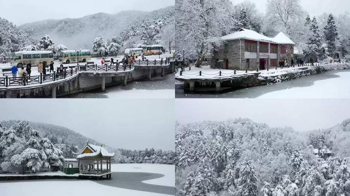 江西庐山飘雪如琴湖旁行人匆匆航拍