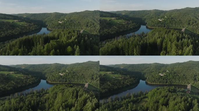 贝斯基德斯山鸟瞰图，朝向Sance大坝茂密的森林水库，捷克共和国