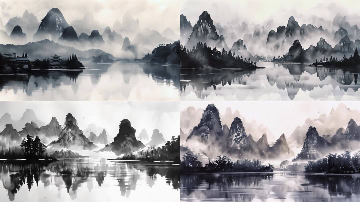 水墨风格描绘桂林景色
