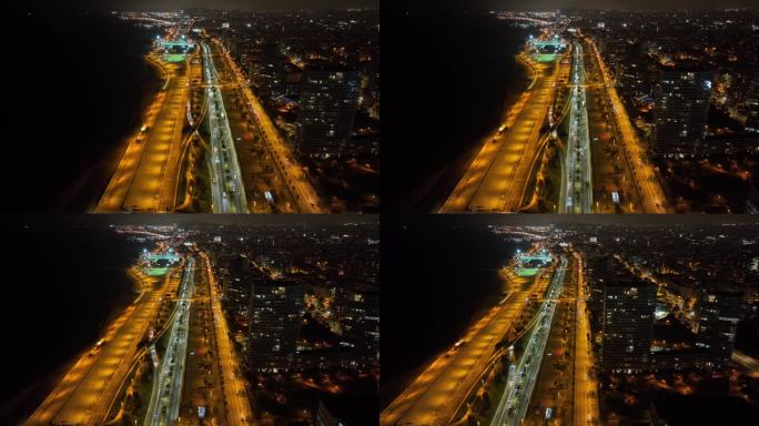 夜间照明巴塞罗那市中心交通街海湾路航拍全景4k西班牙