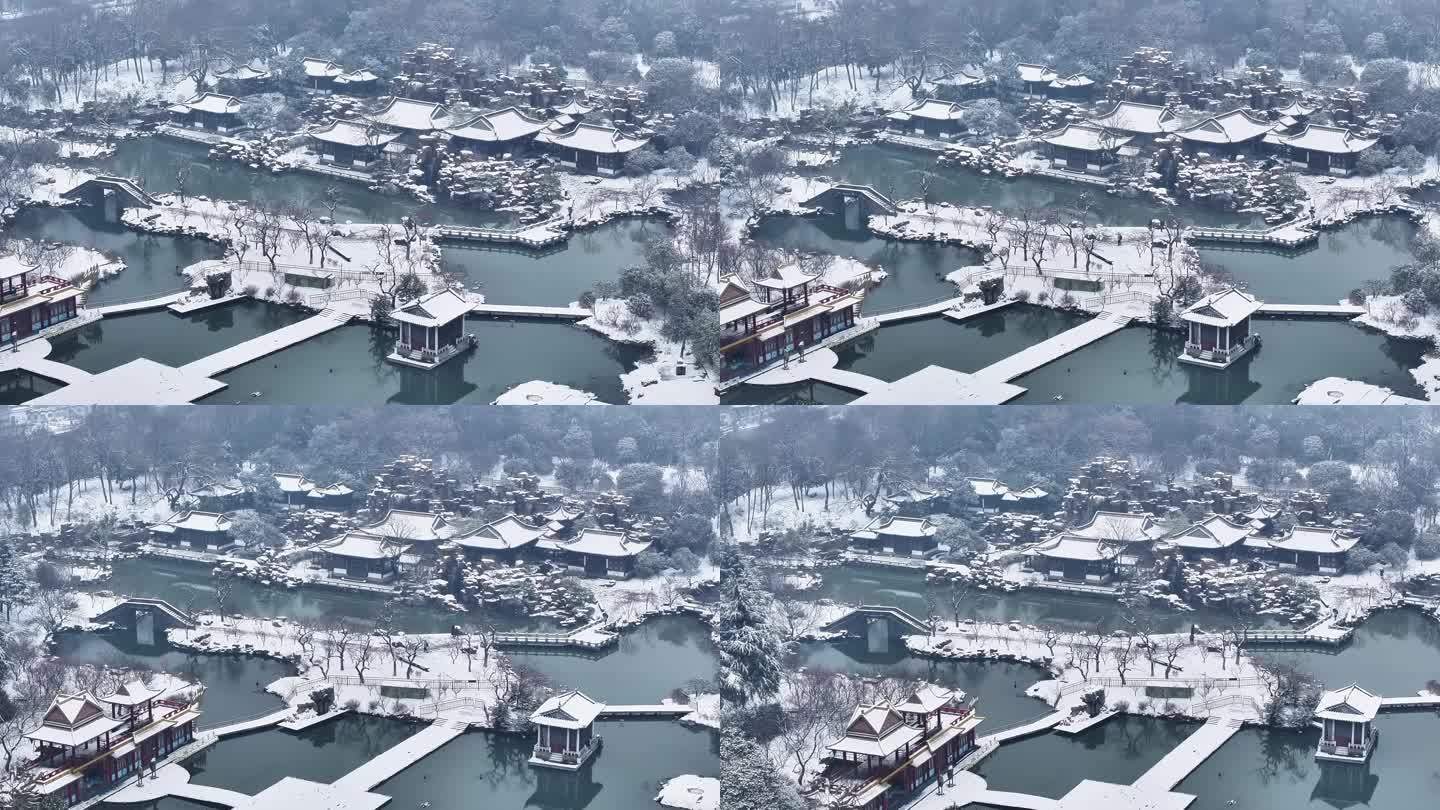 航拍瘦西湖景区园林大明寺观音山宋夹城雪景