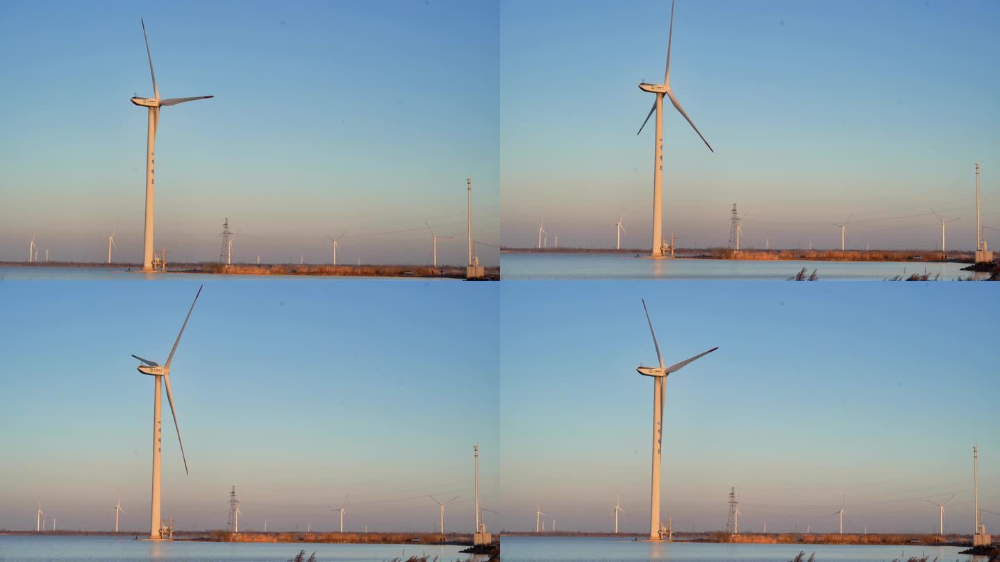 夕阳湖泊风力发电机组乡村振兴环保能源