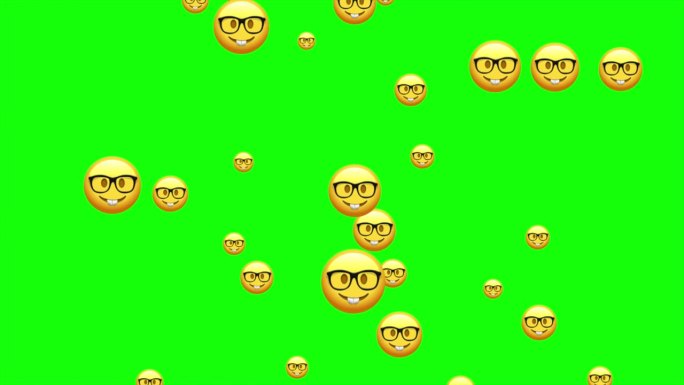 书呆子emoji。表情符号配透明眼镜，滑稽的黄脸配黑框眼镜。动画飞行表情。社交媒体图标符号动画与绿色