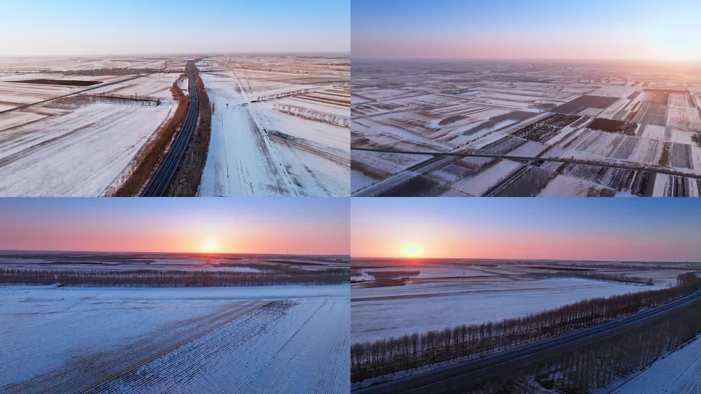 冬季吉林珲乌高速周边村屯冰雪覆盖大地