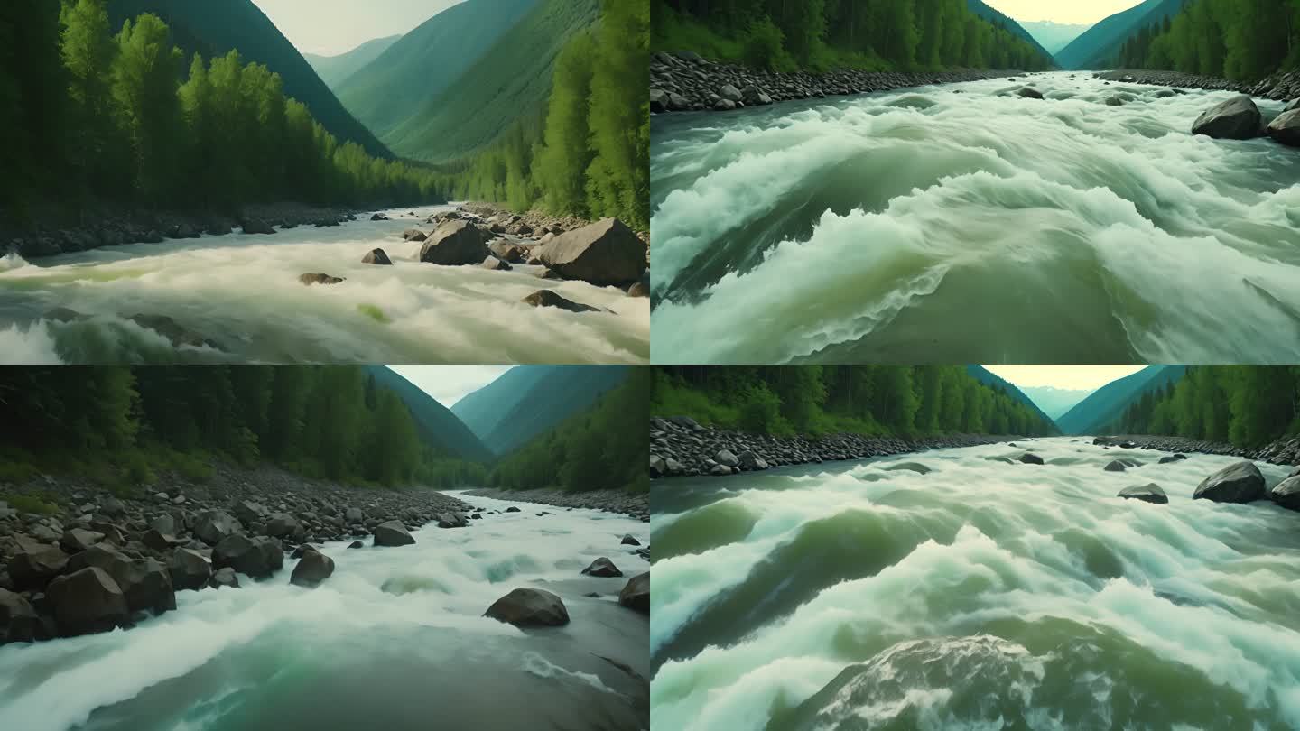 山间小河中翻滚的河水