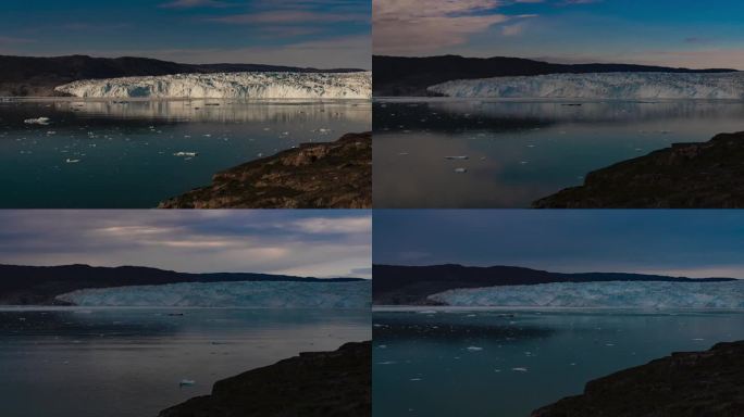 在格陵兰岛西部的Eqip Sermia冰川(Eqi冰川)上从早到晚的延时拍摄