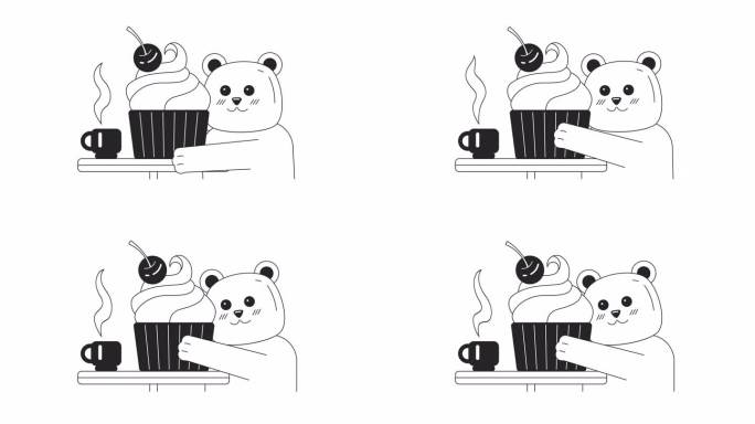 可爱的小熊享受纸杯蛋糕和茶的2D角色动画