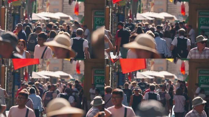 意大利罗马，夏天，人们在购物街上散步和观光的实时画面