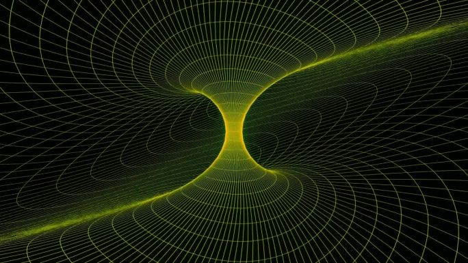 循环3d动画，视觉特效黄色漩涡网格，科幻。抽象循环背景。技术，VJ概念。明亮的Led灯未来隧道。无缝