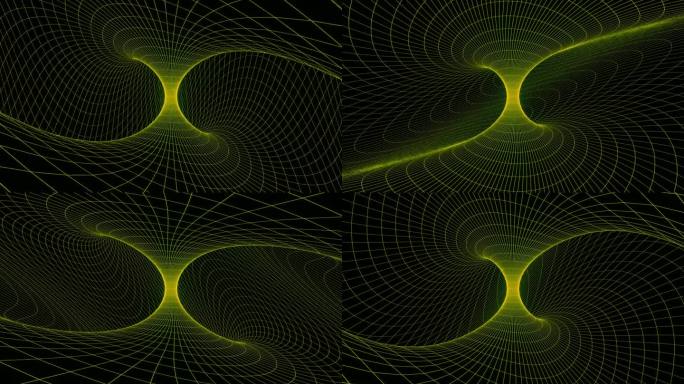 循环3d动画，视觉特效黄色漩涡网格，科幻。抽象循环背景。技术，VJ概念。明亮的Led灯未来隧道。无缝
