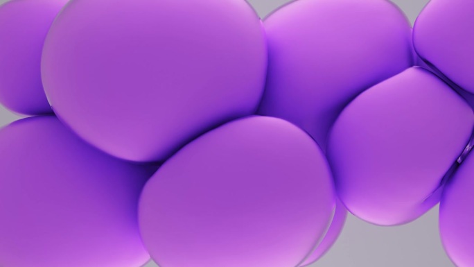 3d动画4K。抽象的背景与紫色的球粘在一起。紫色的球体相互碰撞并改变形状。柔软的圆形飞行球。橡胶。3