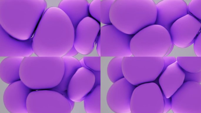 3d动画4K。抽象的背景与紫色的球粘在一起。紫色的球体相互碰撞并改变形状。柔软的圆形飞行球。橡胶。3