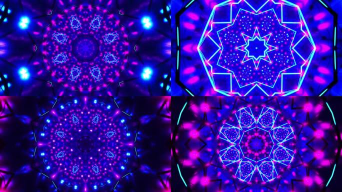 蓝色和紫色光图案与圆形设计。万花筒VJ回路
