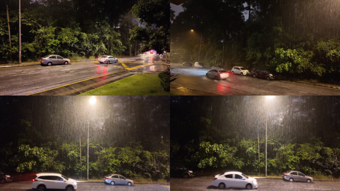 路边大雨和行驶的汽车4k