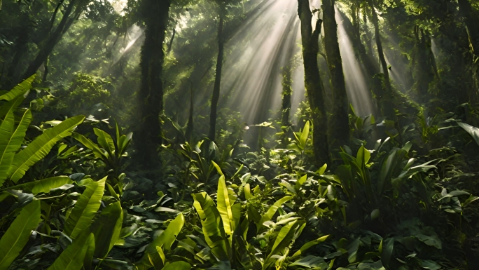 热带雨林植被覆盖森林阳光丁达尔参天大树