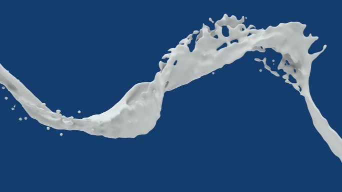 3D动画，牛奶或酸奶飞溅流隔离在蓝色背景与阿尔法伴侣