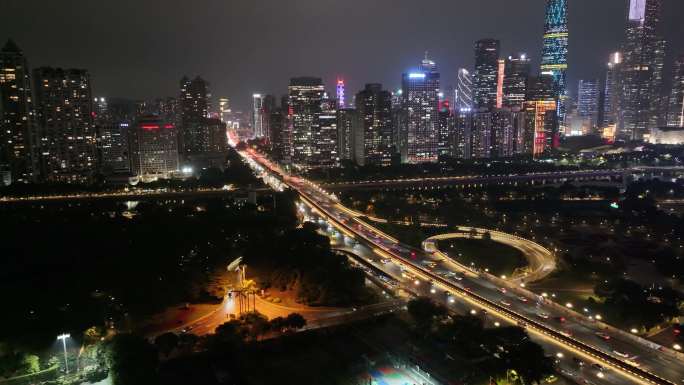 广州大桥夜景航拍车流交通广州大道夜晚车水