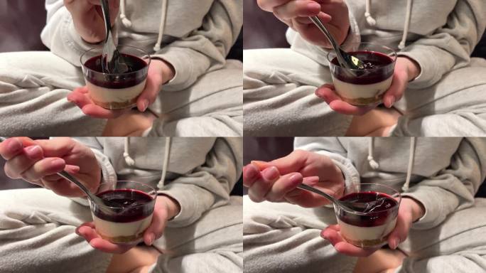 酸奶与浆果果酱在勺子，凝乳奶油漩涡与水果浇头，蓝莓打发奶油，ProRes未压缩的视频
