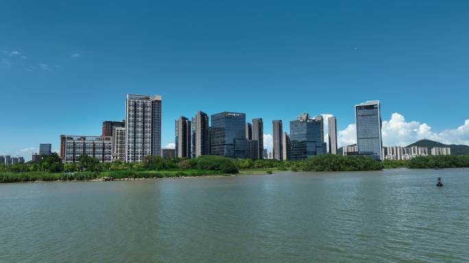 广州南沙创新大厦大景 蕉门河水道航拍4k