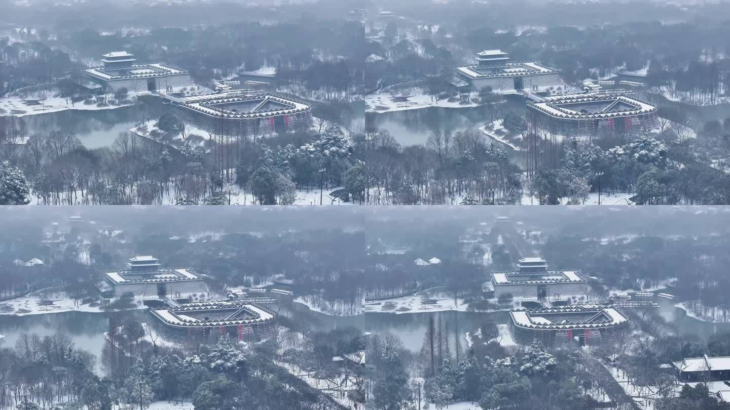 航拍瘦西湖景区园林大明寺观音山宋夹城雪景