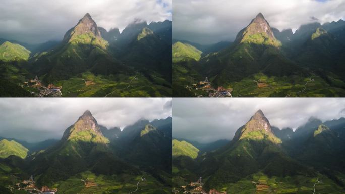 空中拍摄的山脉在越南北部的中庆的早晨