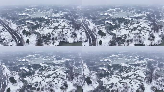 航拍瘦西湖景区园林大明寺观音山宋夹城雪景