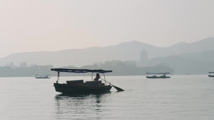 水墨西湖 游船 船桨 水