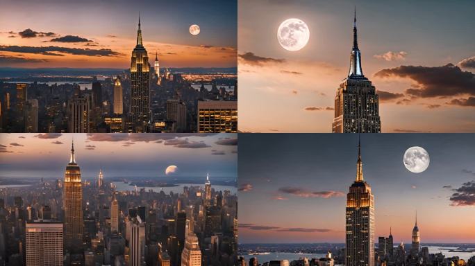 纽约城市的天际线 圆月