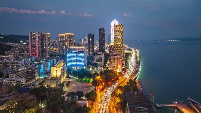 厦门环岛路夜景航拍城市延时