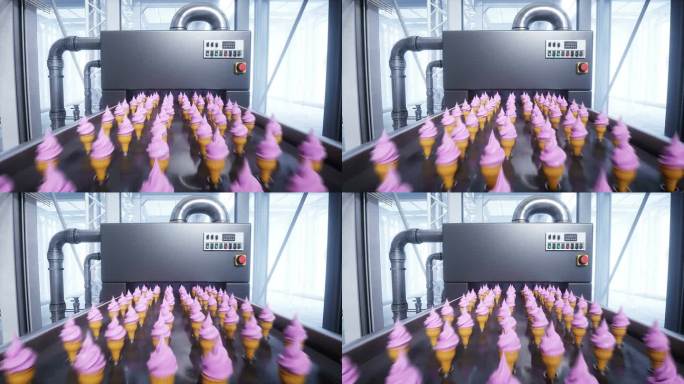 冰淇淋生产线。工厂。逼真的4k动画。