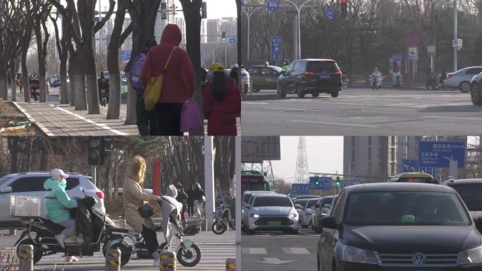 冬天人文城市骑车马路上班气息忙碌生活街景