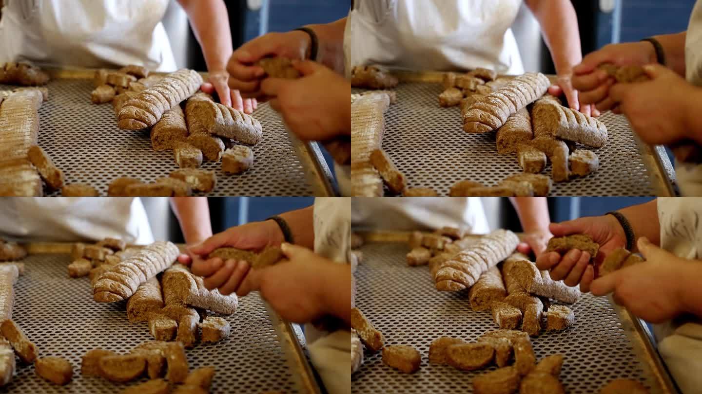 手工制作糕饼的工人特写，手工糕点的生产线