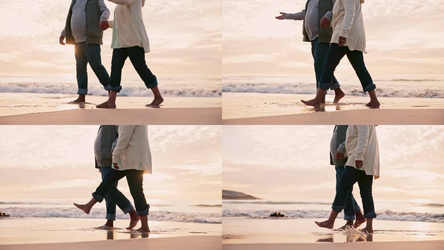 情侣们，手牵着手，在沙滩上漫步，一起旅行，亲密无间，爱在户外放松。人们在大自然中，度假中有冒险和信任