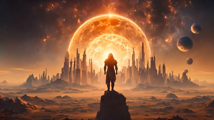 科幻场景一名勇士站在山顶望向远方的城市