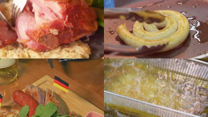 德式炸猪肘香肠薯条西餐美食素材4K高帧率