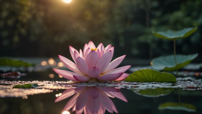 荷花倒影莲花圣洁神圣清新自然池塘太阳