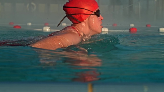 在旅游胜地泳池里，戴着泳帽和泳镜练习蛙泳的女游泳运动员的超级慢镜头侧视图