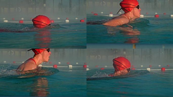 在旅游胜地泳池里，戴着泳帽和泳镜练习蛙泳的女游泳运动员的超级慢镜头侧视图