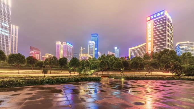 西安雨后高新CBD夜景大范围延时