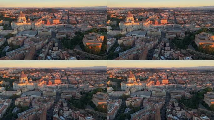 意大利罗马梵蒂冈城的圣彼得大教堂鸟瞰图。清晨日出时的罗马天际线城市景观。UHD 4 k