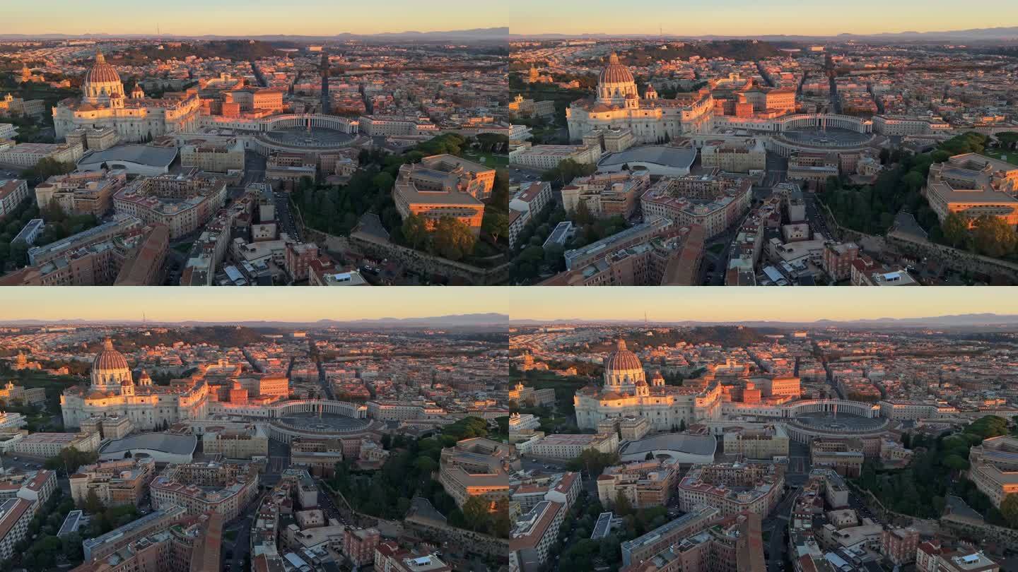 意大利罗马梵蒂冈城的圣彼得大教堂鸟瞰图。清晨日出时的罗马天际线城市景观。UHD 4 k