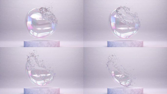 闪烁的气泡在3D动画中破裂，闪烁的碎片舞蹈。慢动作