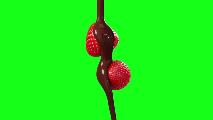 巧克力流在草莓，3D动画，黑屏，绿屏