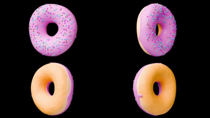 粉色甜甜圈与洒落旋转在黑色背景。无缝循环的甜甜圈旋转。3d渲染动画糕点和糖果