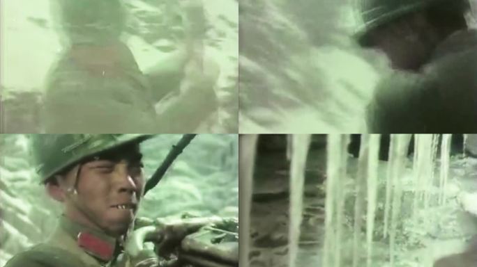 70年代修公路 工程兵 冰雪悬崖上作业
