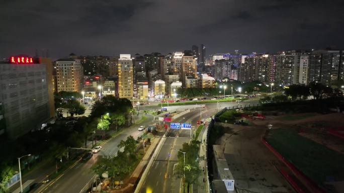 深圳夜晚马路车流夜景航拍高楼大厦