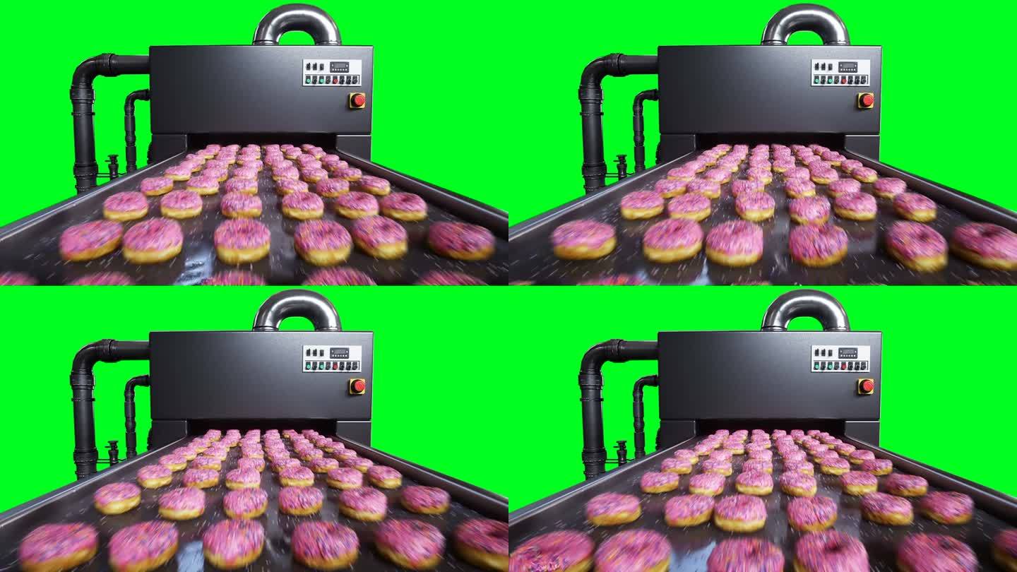 甜甜圈生产线。工厂。食品的概念。4k绿幕动画。