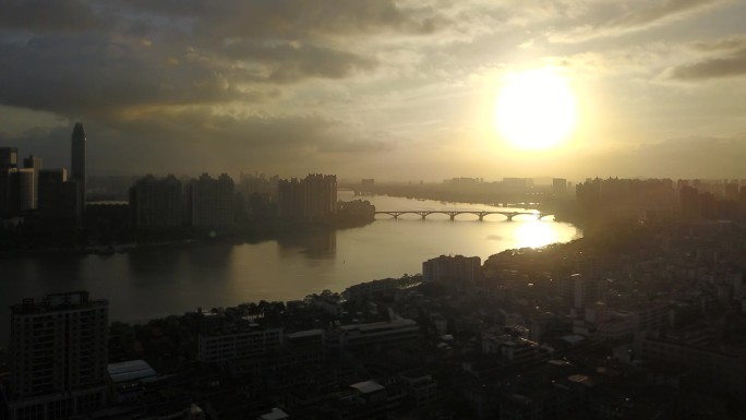 惠州市区东江两岸航拍日出延时风光