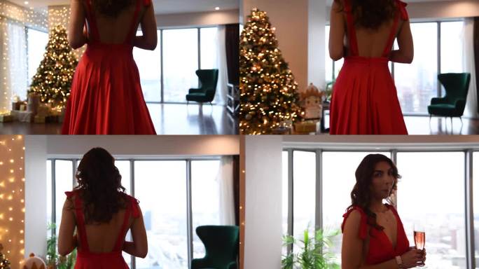 穿红衣服的女人走在圣诞树旁边的公寓里